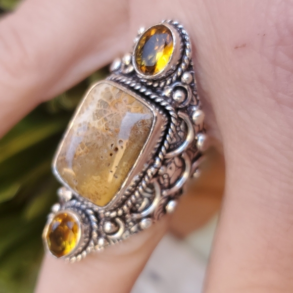 New Oversized Fossil Coral & Citrine 925 Silver Statement Ring. - Picture 3 of 13